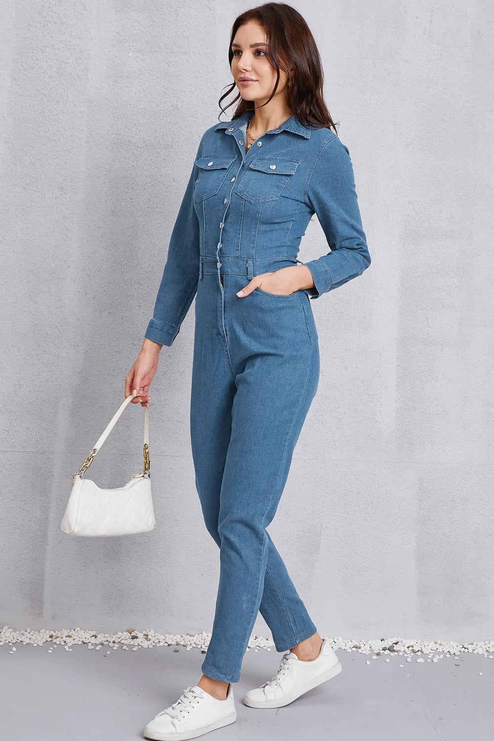 Snap-Down Denim Jumpsuit in Medium Wash by DE.C.H & K.M