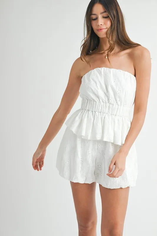 Floral Eyelet Lace Tube Top and Shorts Set in Off White