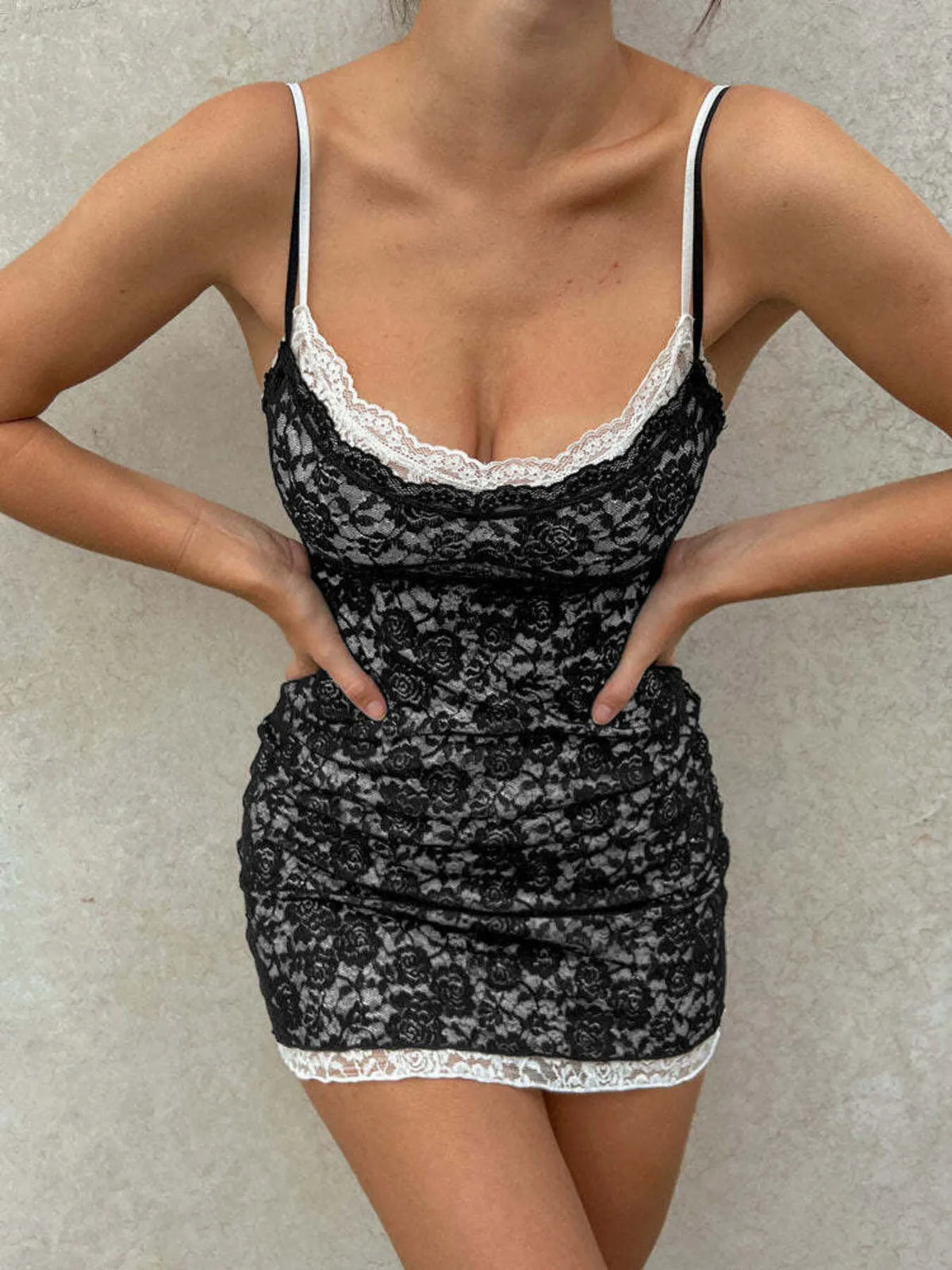 Lace Trim Cami Mini Dress in Black