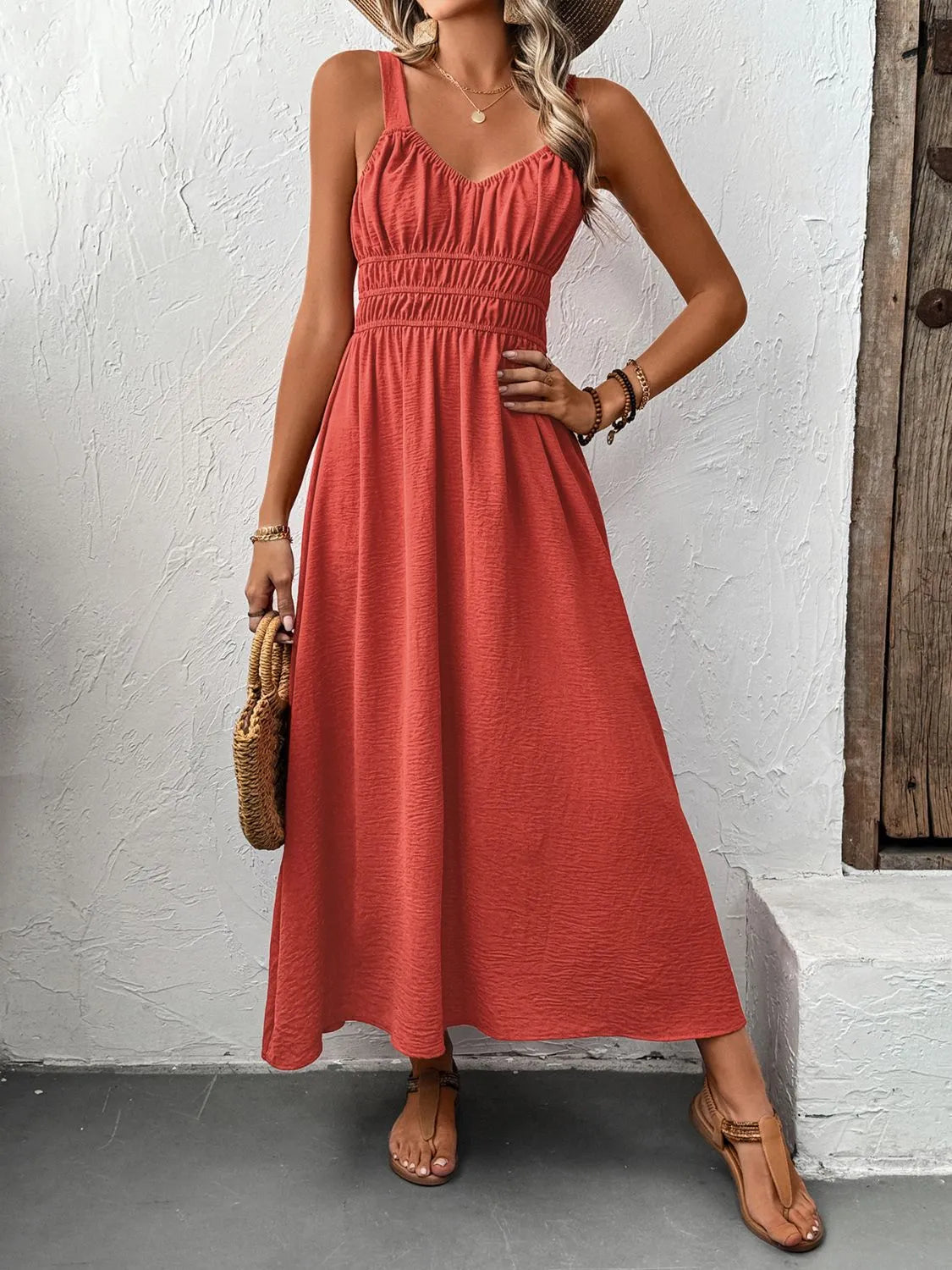 V-Neck Cami Midi Dress in Orange-Red