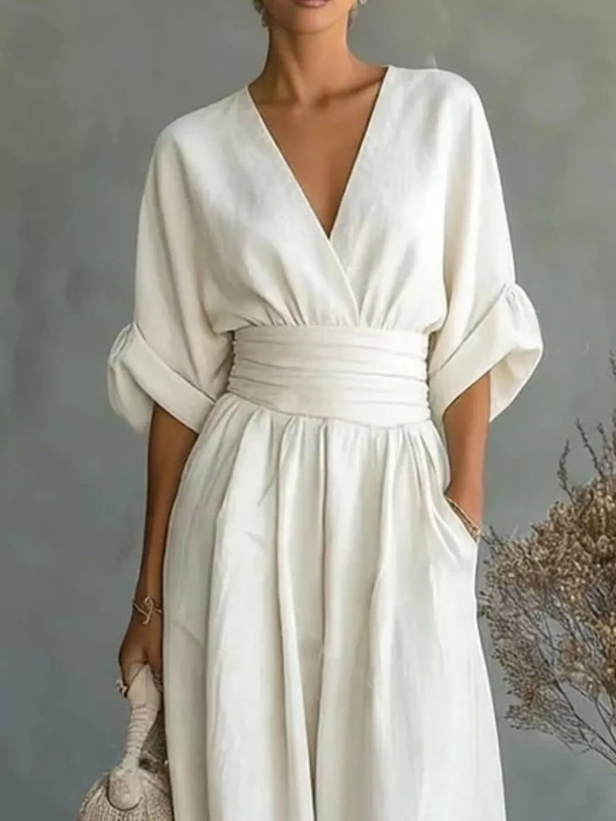 Ruched Half Sleeve Wide-Leg Jumpsuit