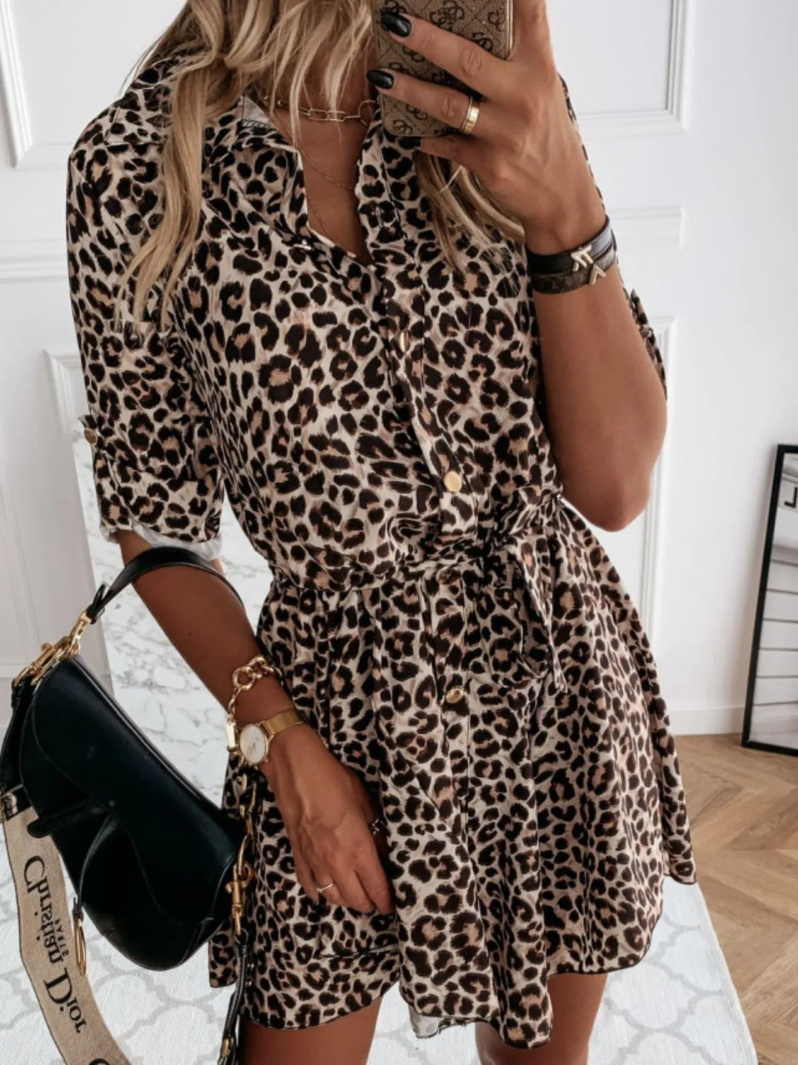 Printed Roll-Tab Sleeve Mini Dress