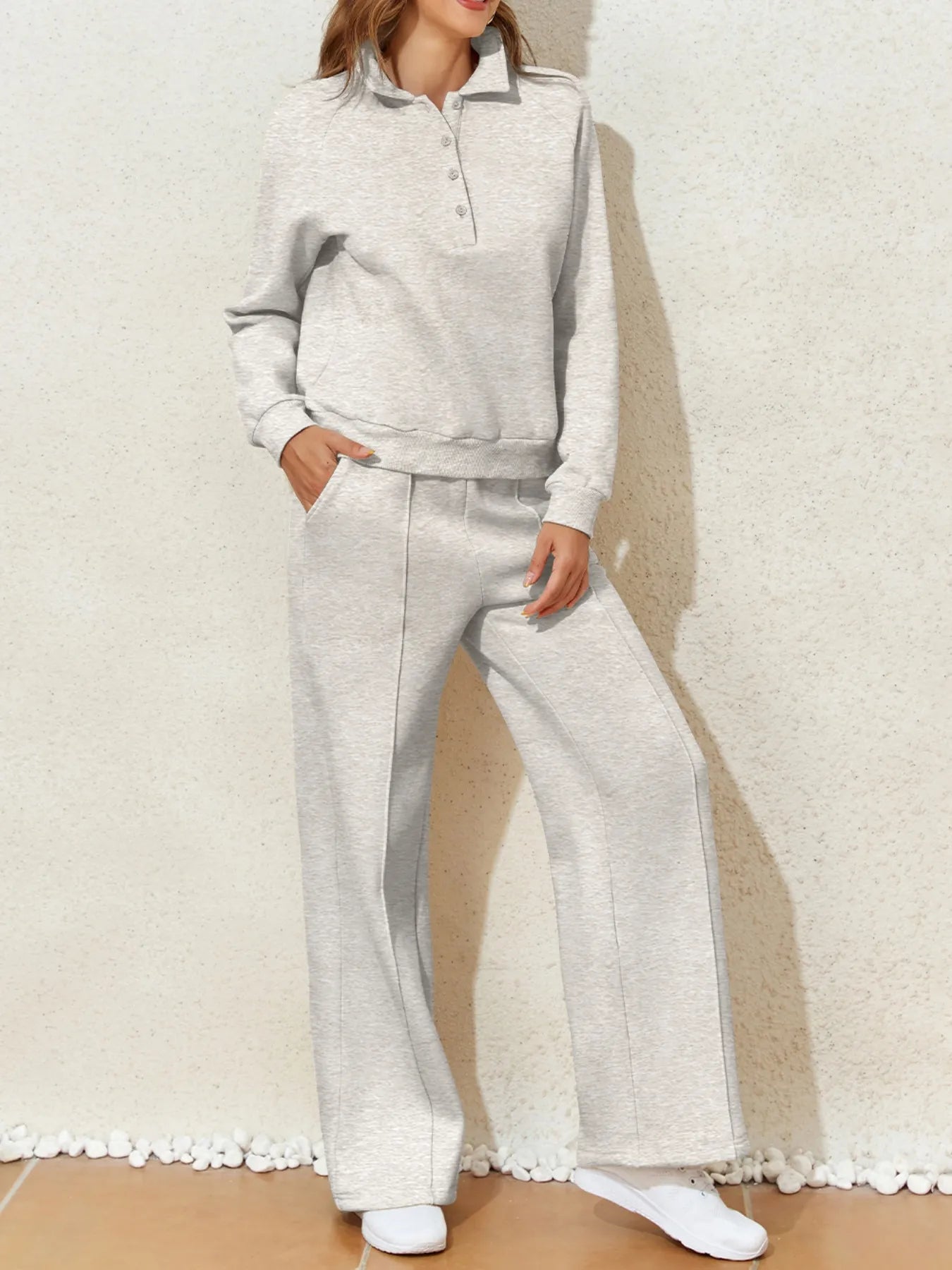 Collared Sweatshirt and High-Waist Pants Active Set
