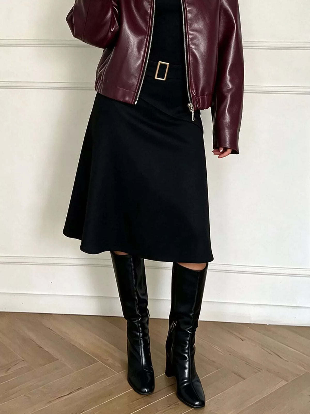 High-Waisted A-Line Midi Skirt in Black