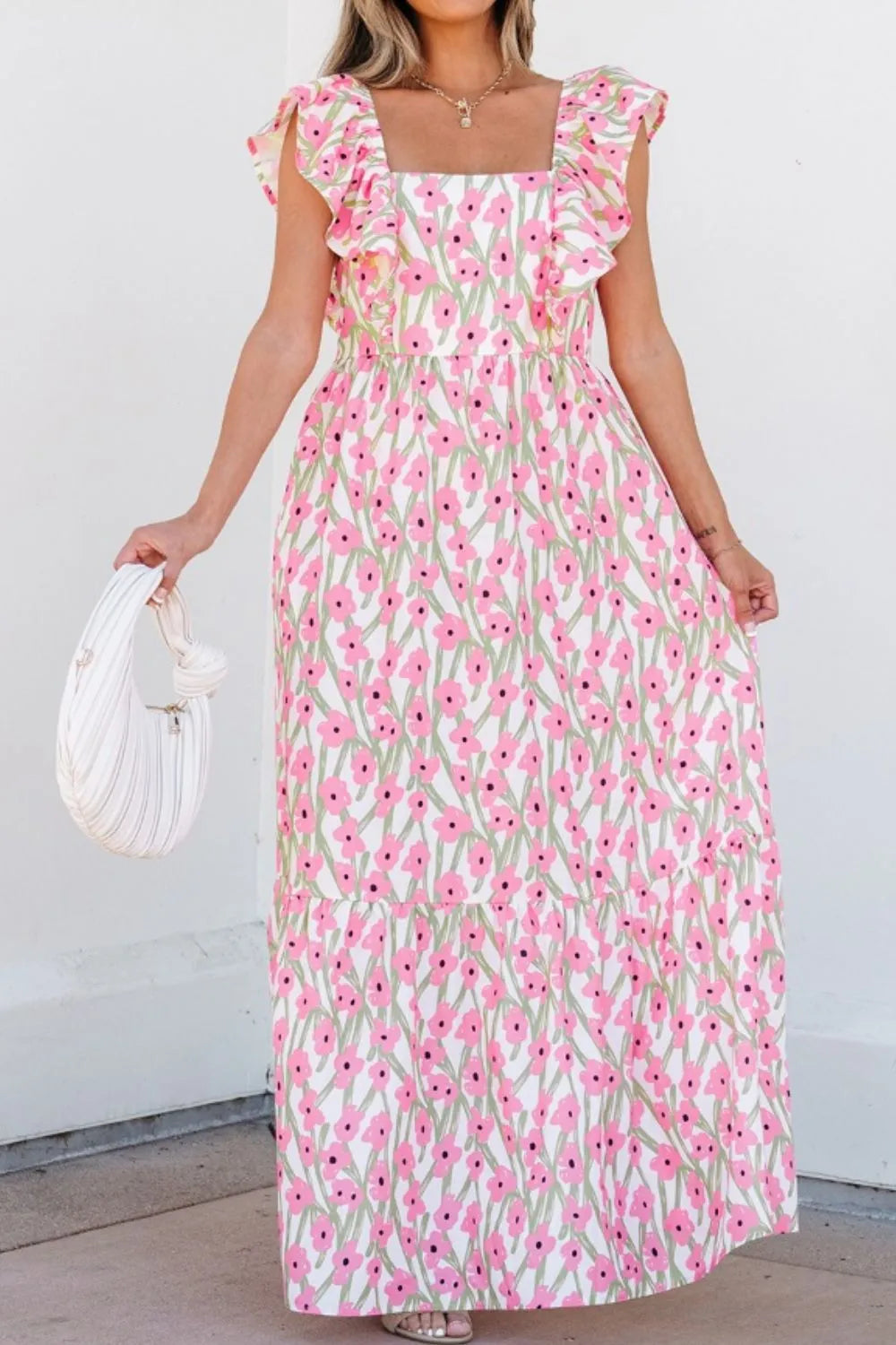 Floral Square Neck Ruffled Maxi Dress in Blush Pink