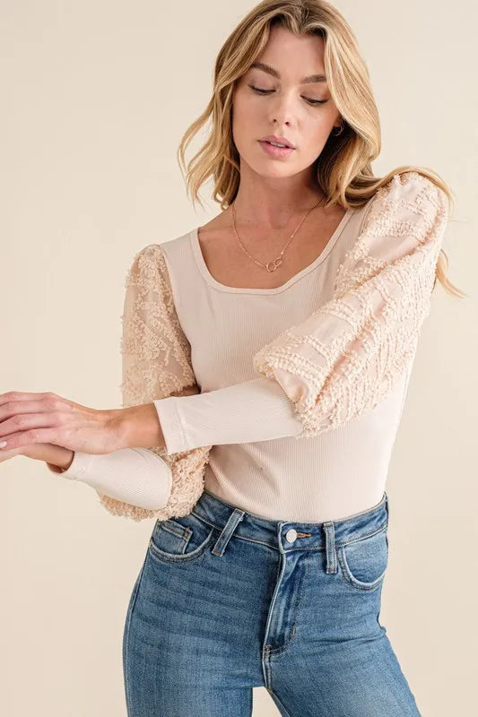 And The Why Textured Puff Sleeve Bodysuit in Beige