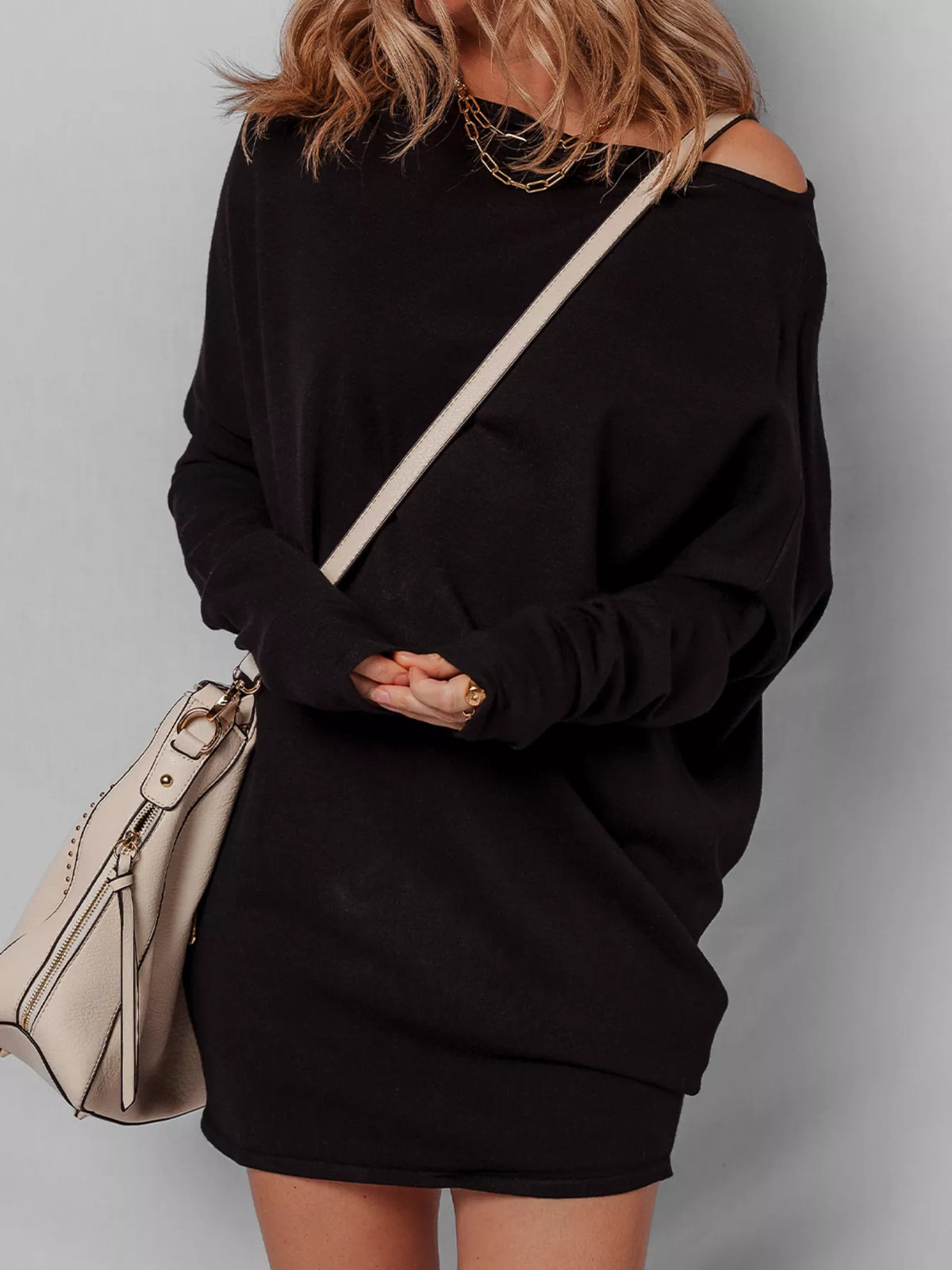 Asymmetric Neck Batwing Sleeve Mini Dress in Black