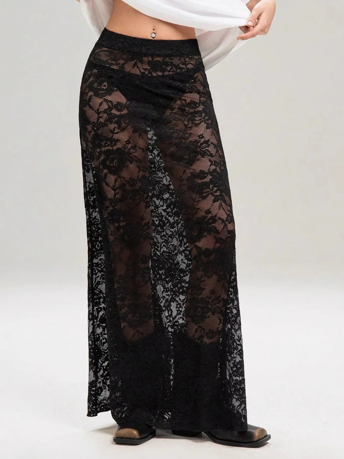 Sheer Lace Maxi Skirt in Black