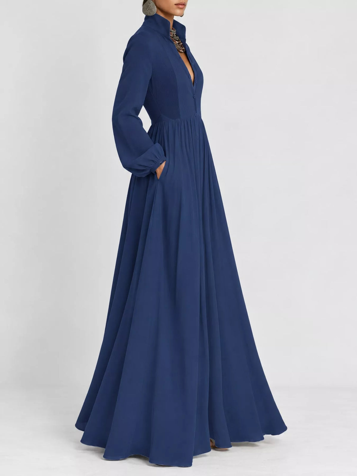 Long-Sleeve Button Front Maxi Dress