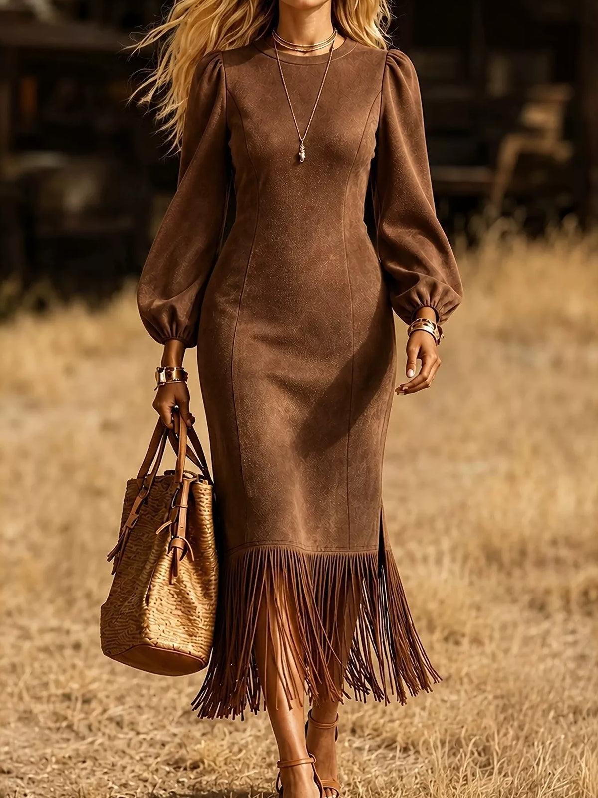 Fringe Hem Balloon Sleeve Midi Dress