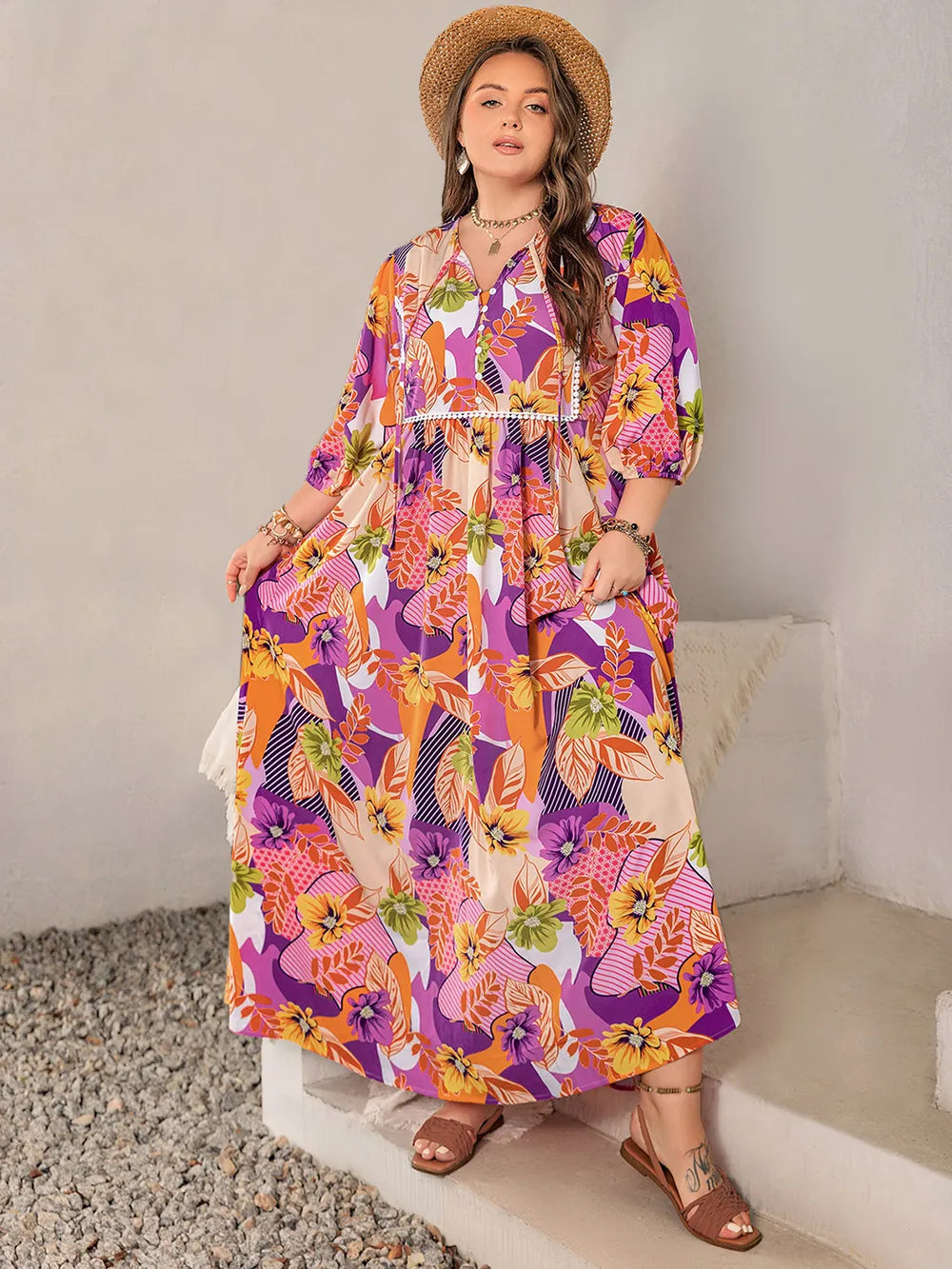 Printed Tie-Neck Maxi Dress in Multicolor