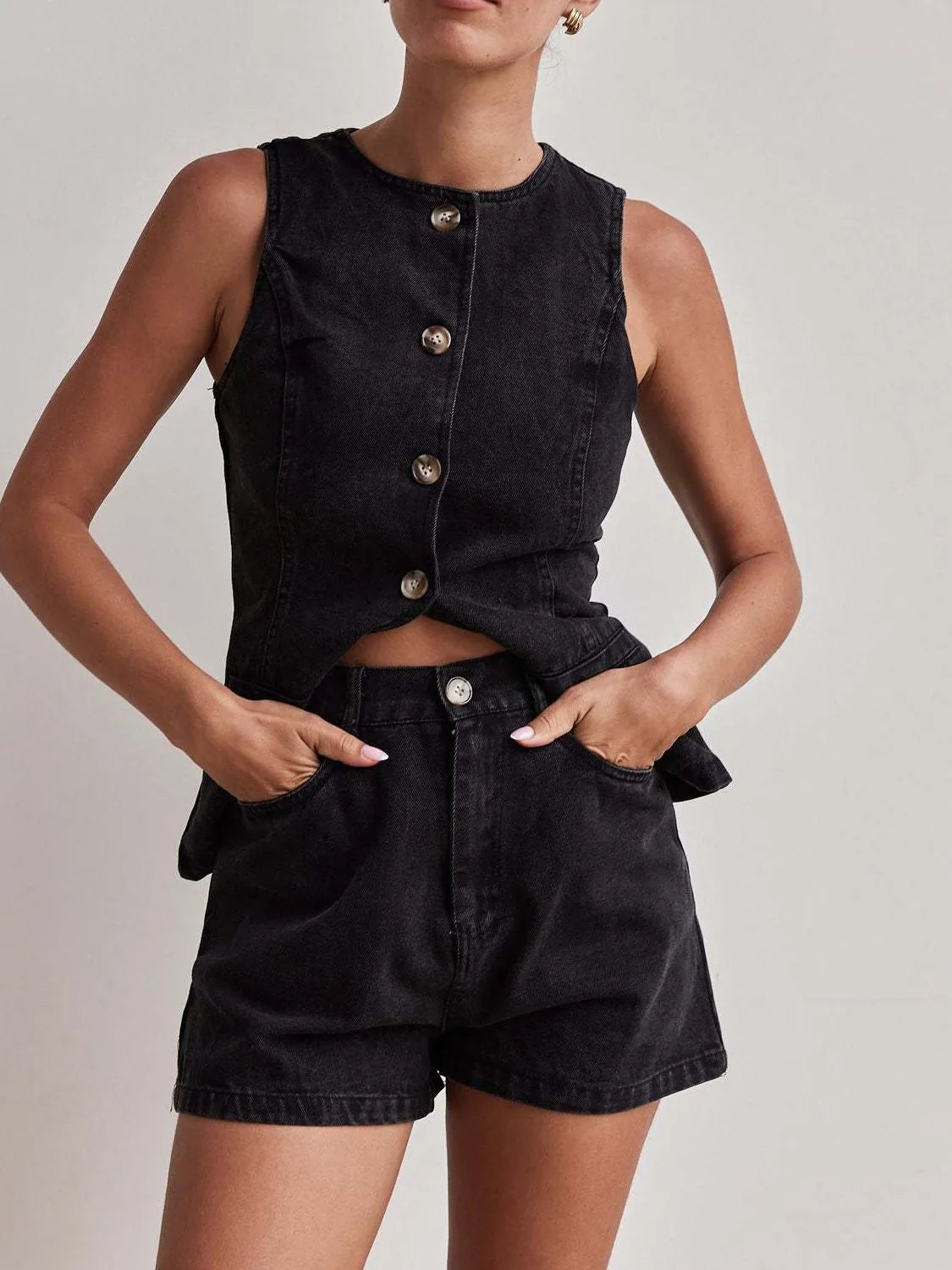Button-Down Vest and Shorts Denim Set