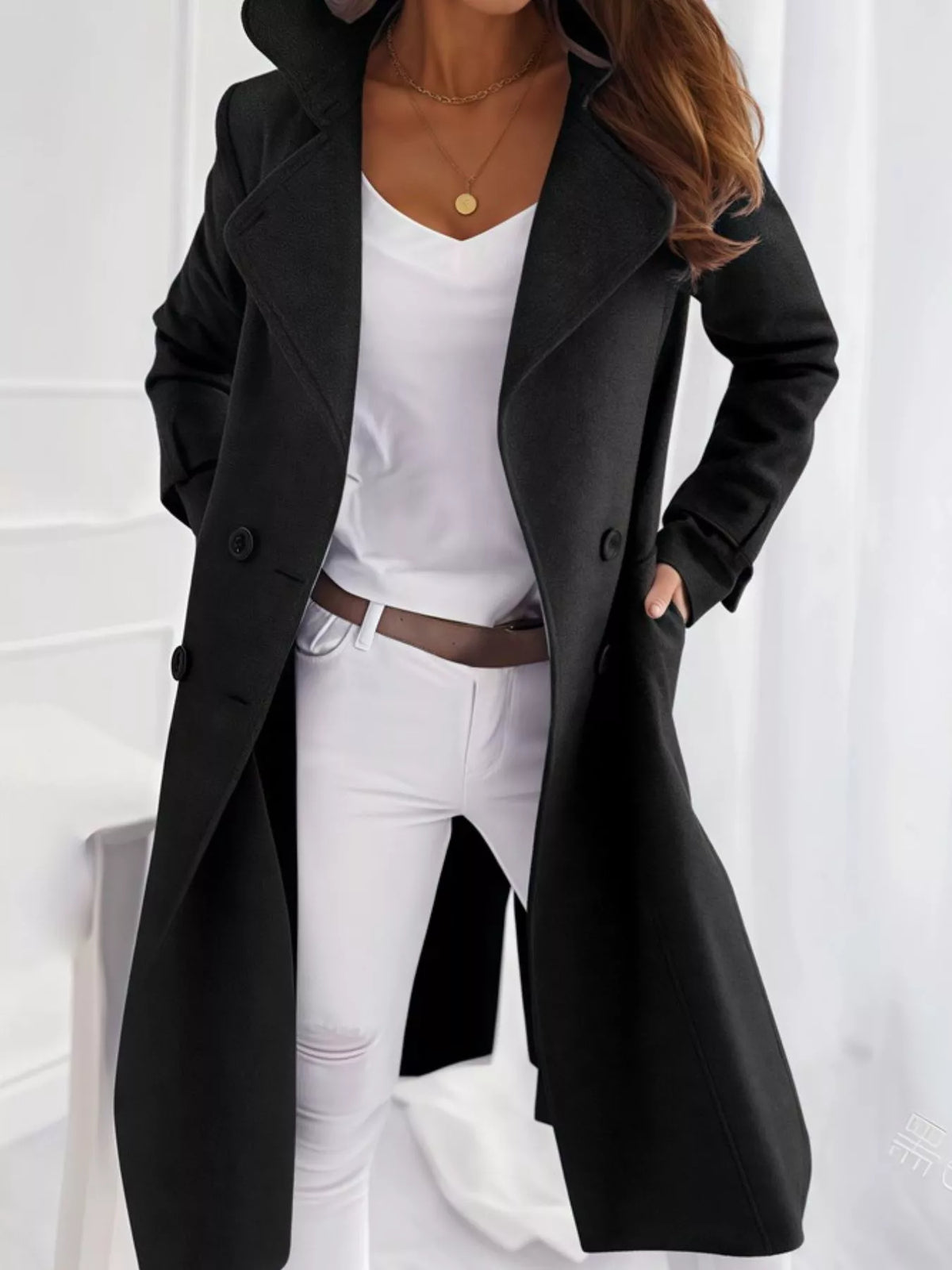 Double-Breasted Long Trench Coat