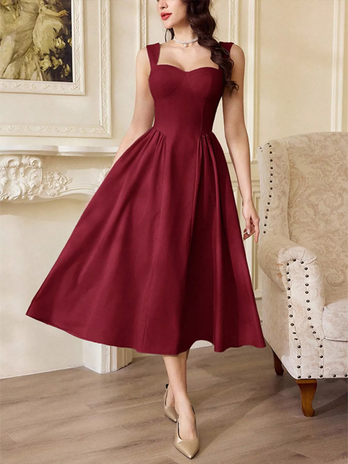 Sweetheart Neckline A-Line Midi Dress in Red