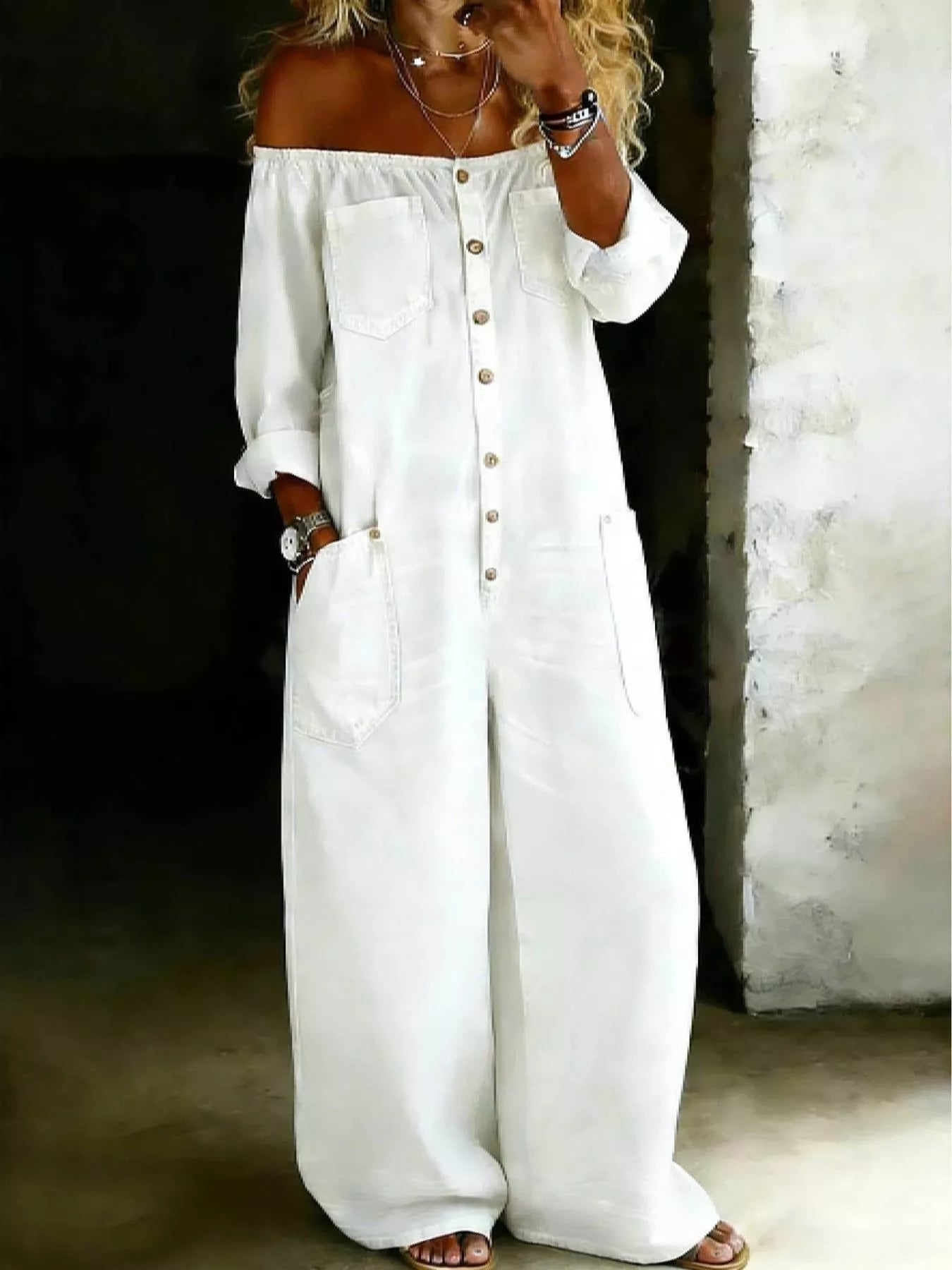 Off-Shoulder Button-Down Wide-Leg Jumpsuit