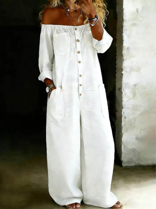 Off-Shoulder Button-Down Wide-Leg Jumpsuit