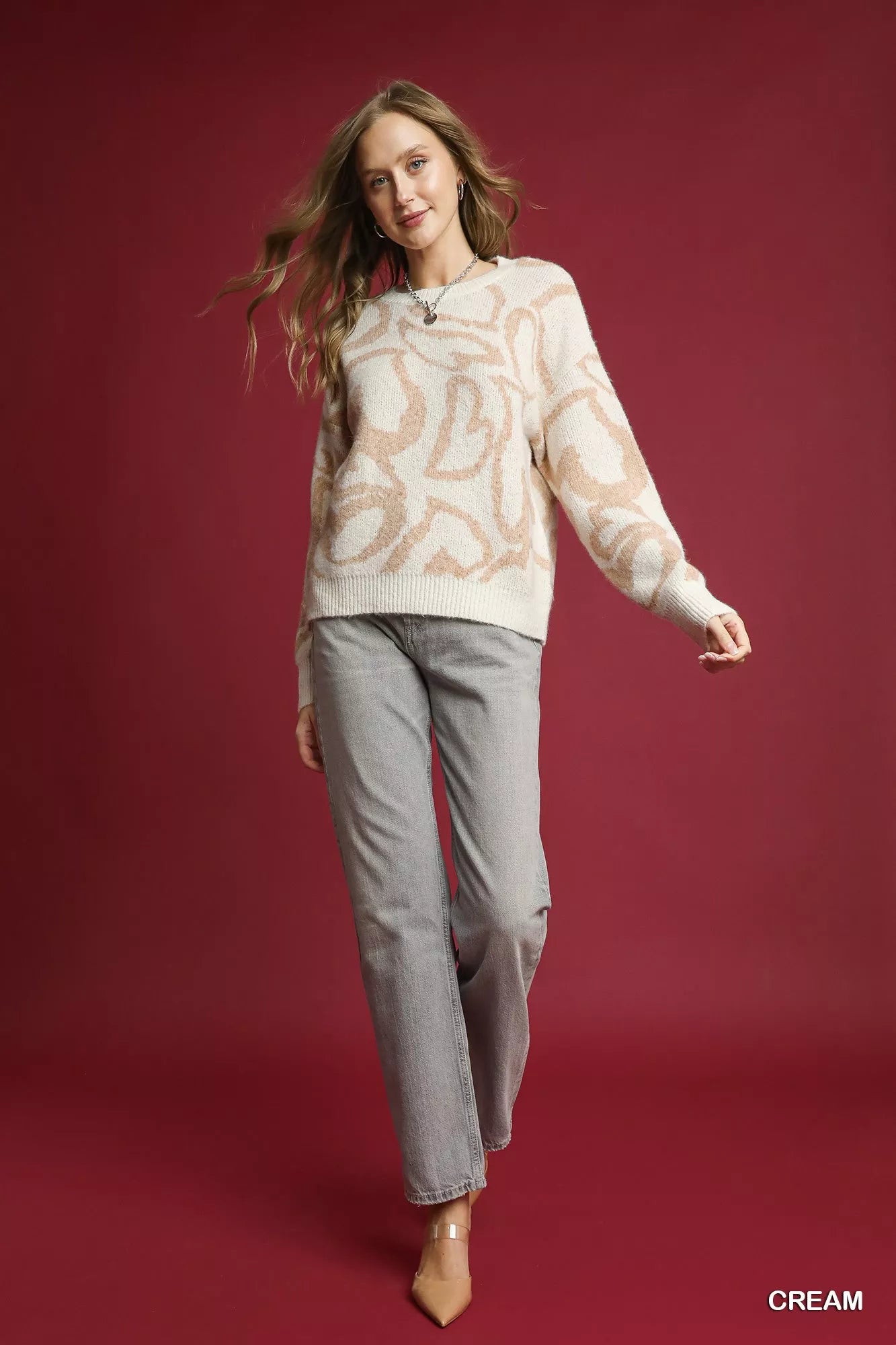 Umgee Heart Print Crew Neck Sweater in Cream