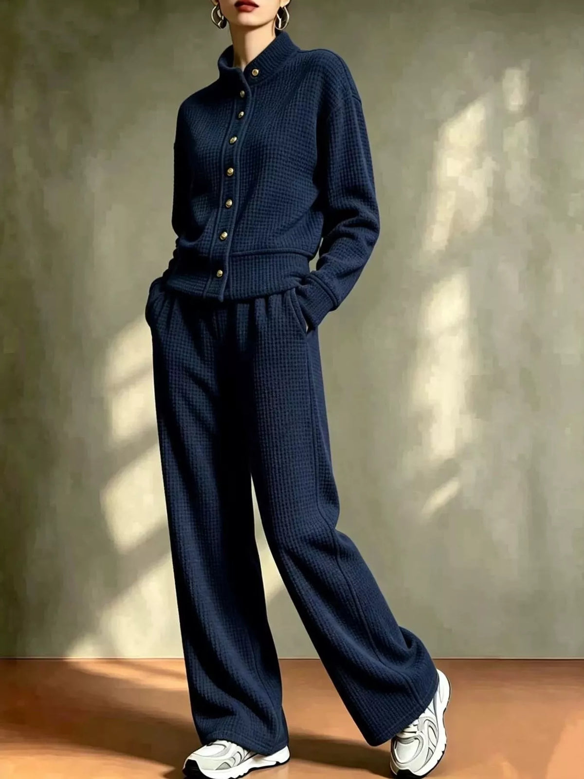 Waffle Knit Button-Up and Wide-Leg Pants Set