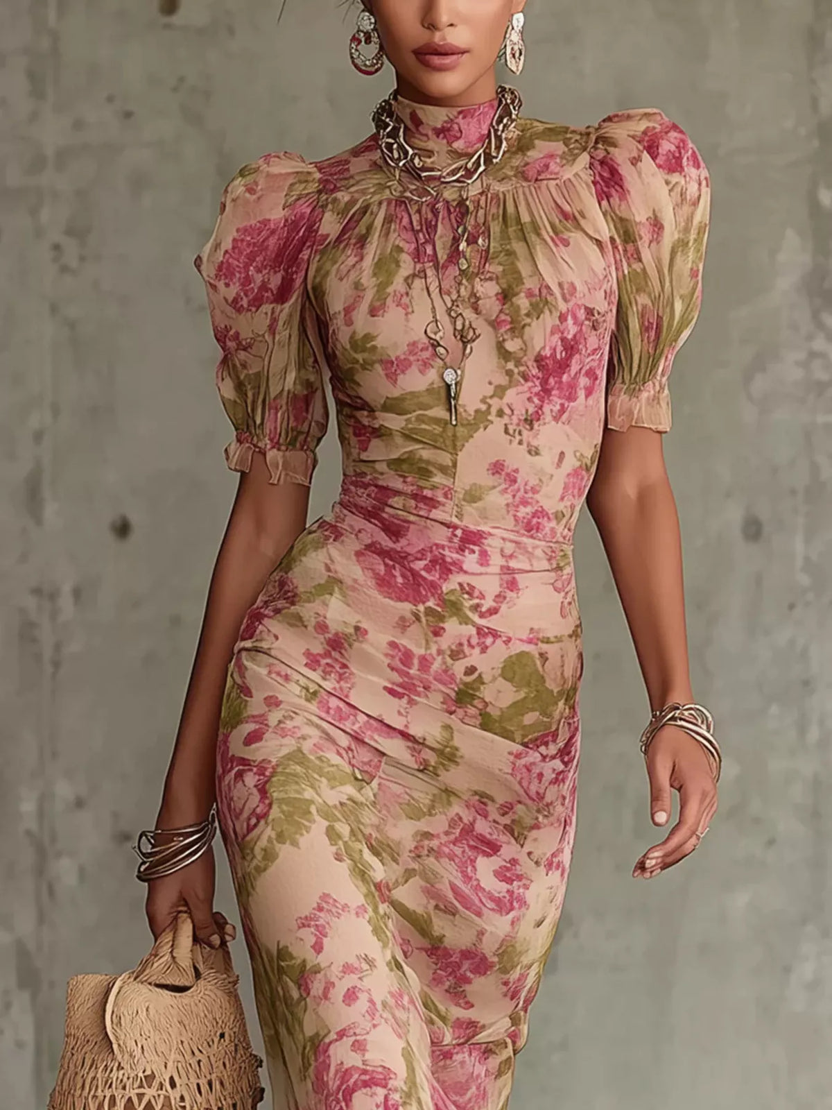 Floral High-Neck Puff Sleeve Maxi Dress