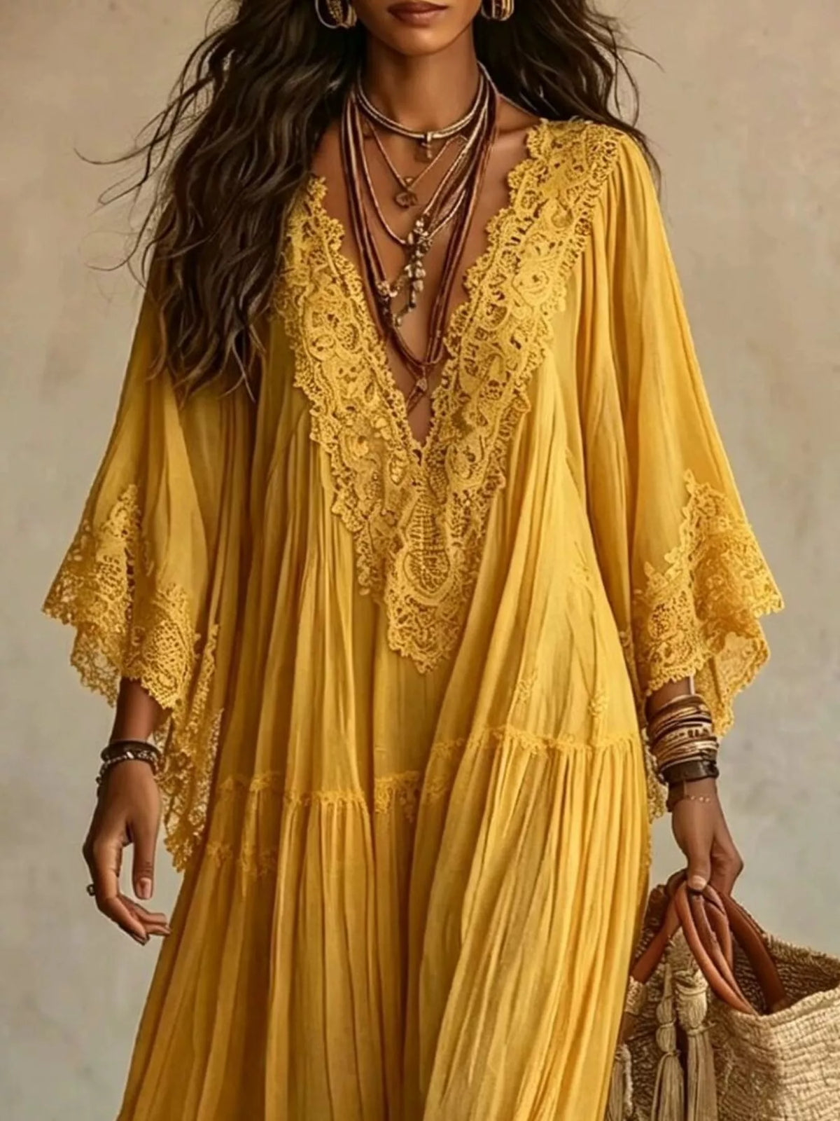Lace Trim Tiered V-Neck Maxi Dress