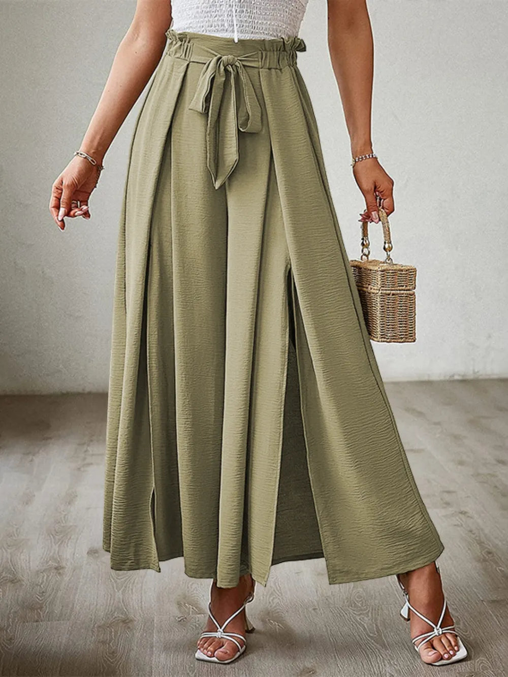 Wide Leg Pants with Tie and Slit