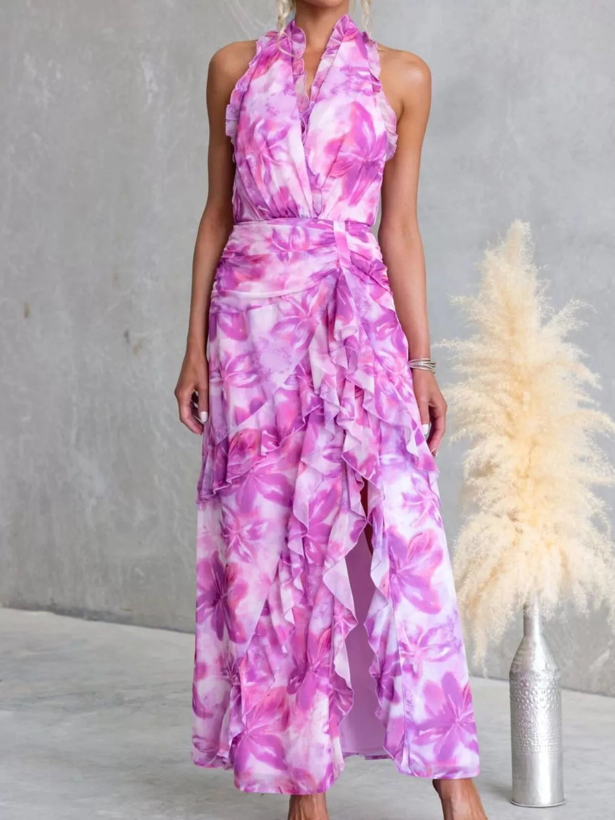 Floral Ruffle Halter Neck Maxi Dress