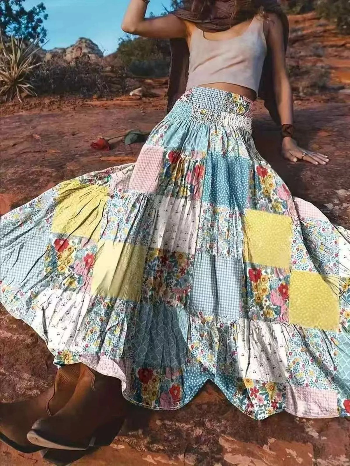 Patchwork Floral Tiered Maxi Skirt