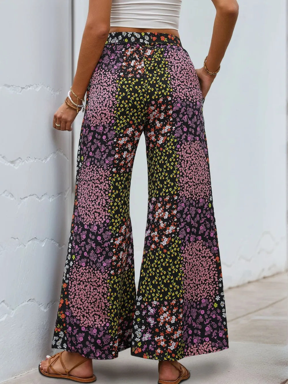 Floral High Rise Wide Leg Pants in Black