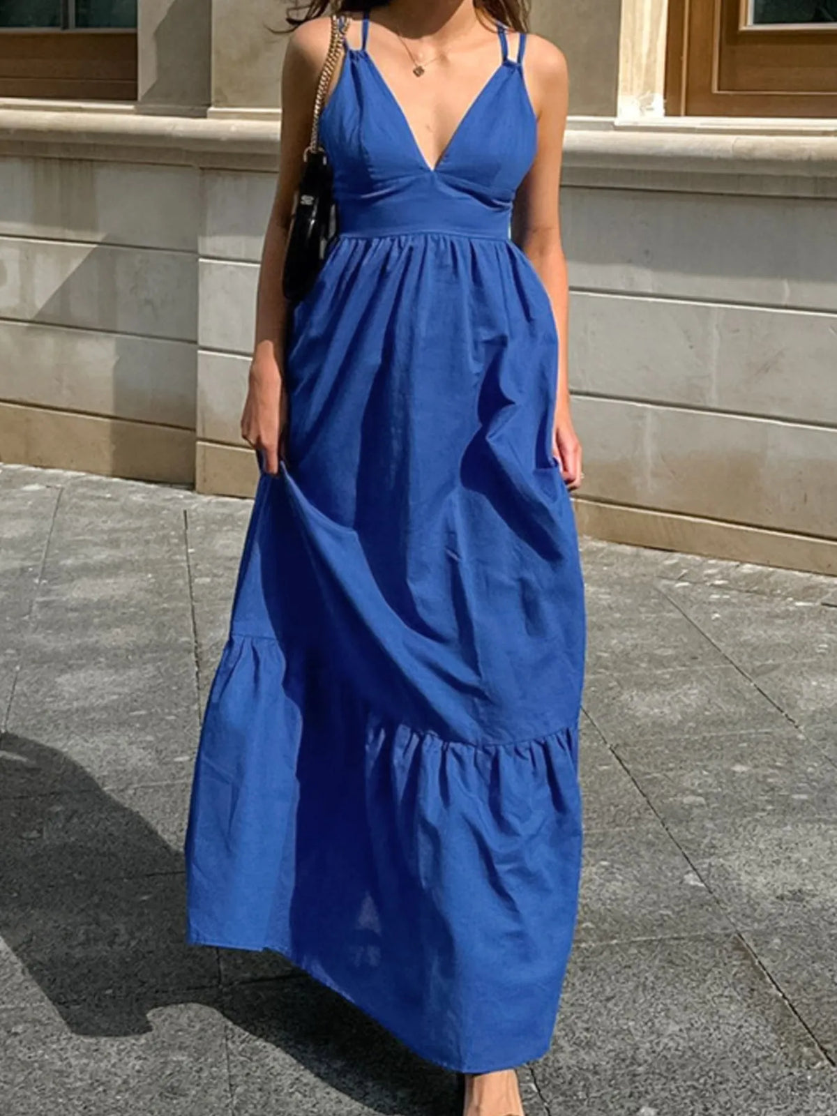 V-Neck Tiered Maxi Cami Dress in Blue