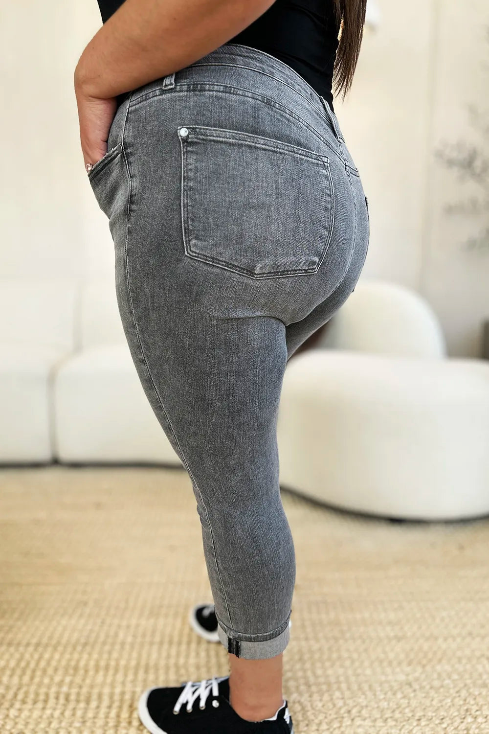 Judy Blue Button Fly High Waist Cuffed Capris in Gray