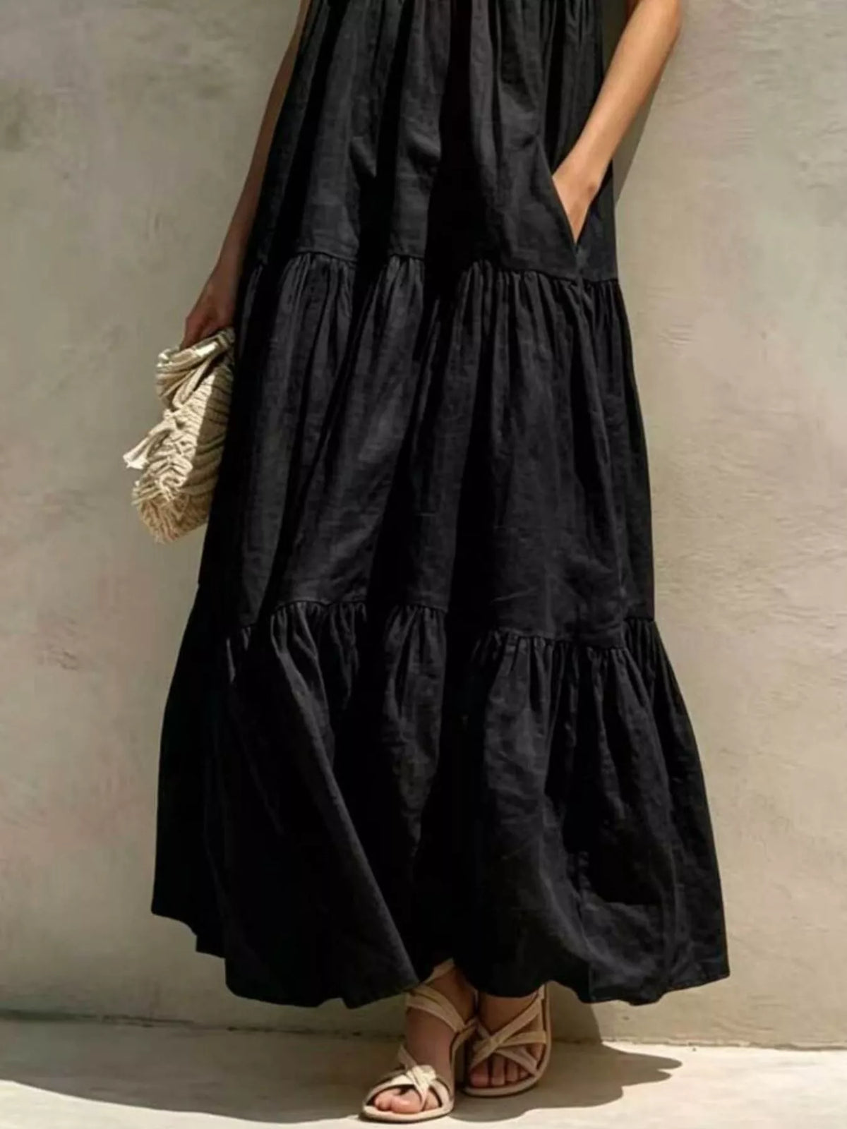Tiered Scoop Neck Maxi Dress with Pockets