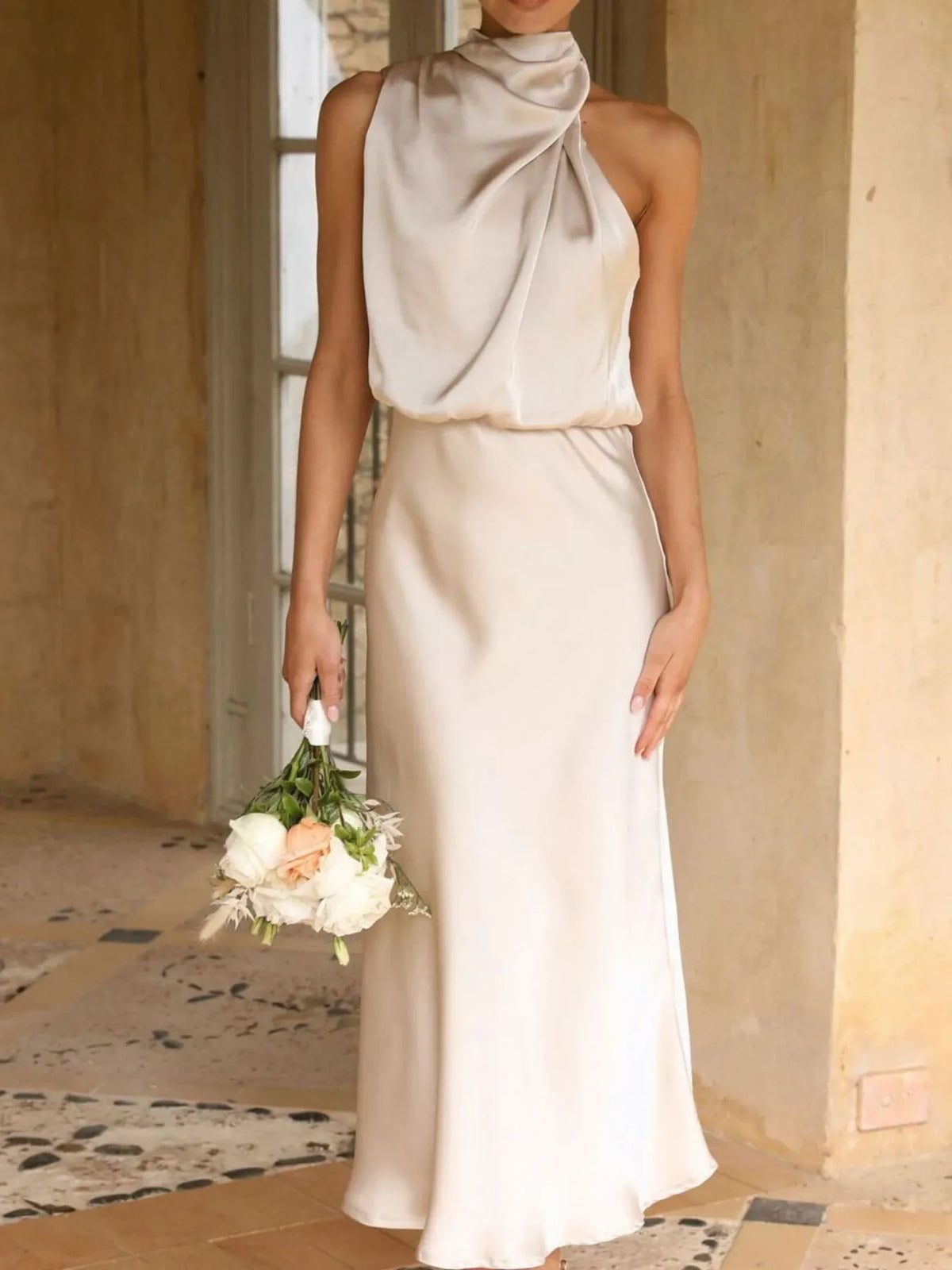 Twisted Asymmetrical Ruched Midi Dress