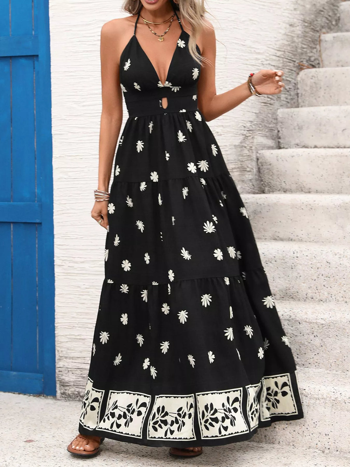 Printed Halter Neck Maxi Dress in Black