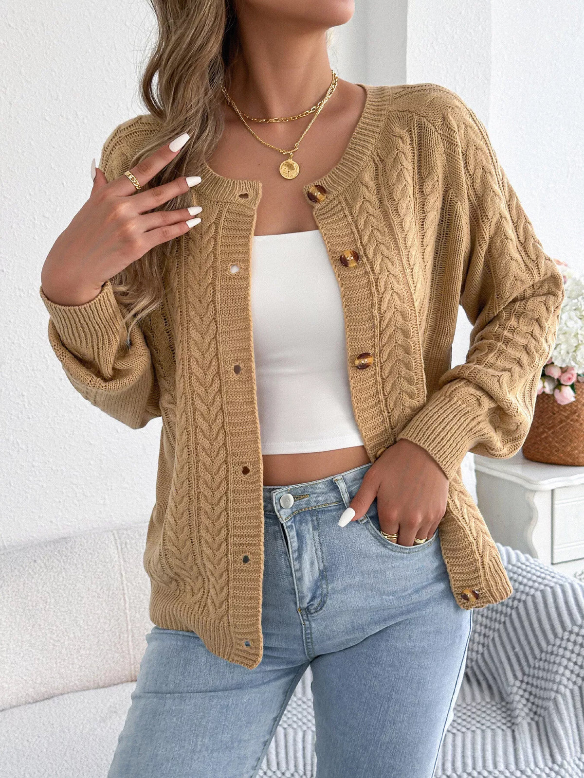 Cable-Knit Button-Front Cardigan by Clise