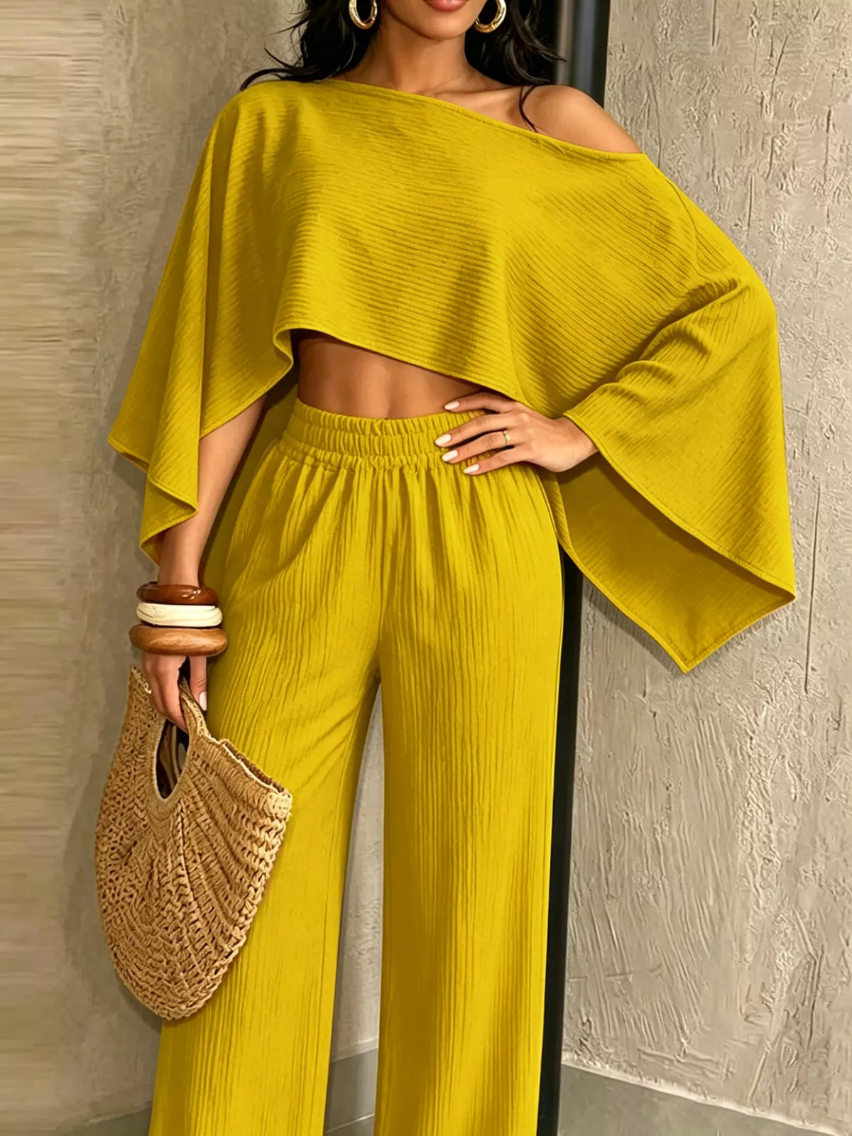Boat Neck Crop Top and Wide-Leg Pants Set