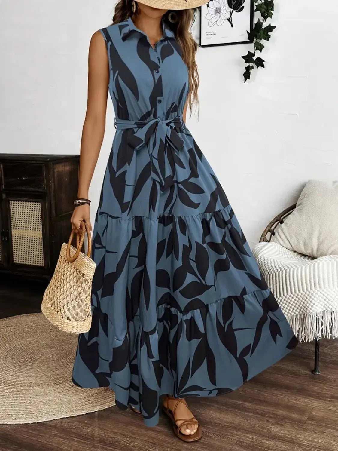 Printed Button-Front Tie-Waist Maxi Dress