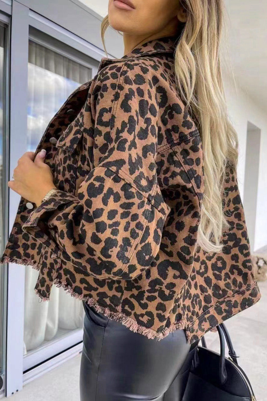 Leopard Print Raw Hem Denim Jacket by X@Y@K