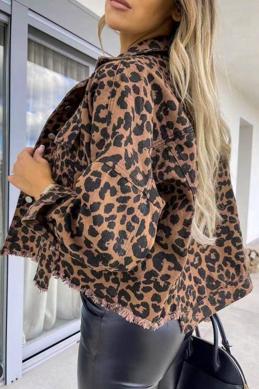 Leopard Print Raw Hem Denim Jacket by X@Y@K