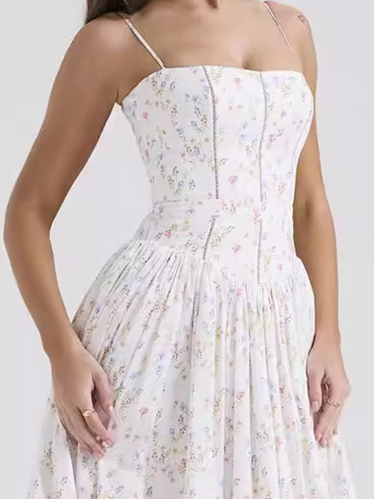 Floral Spaghetti Strap Midi Dress in White