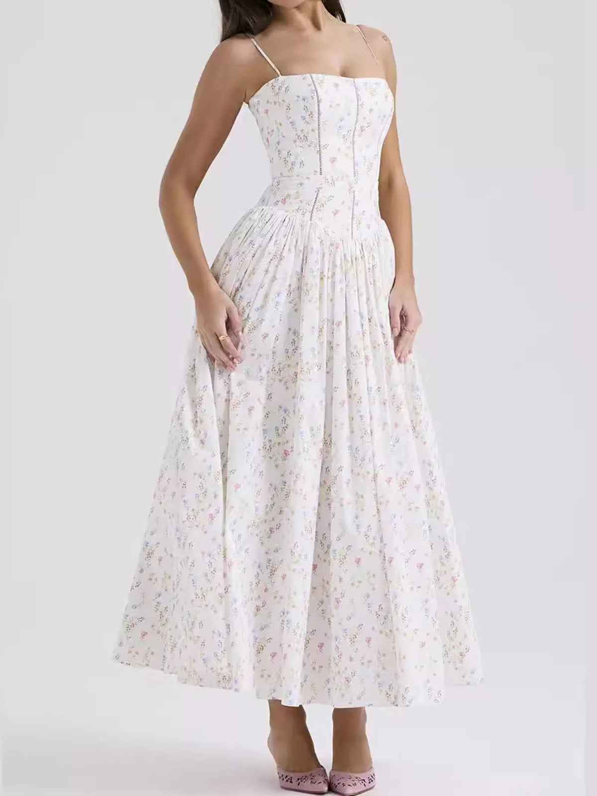 Floral Spaghetti Strap Midi Dress in White