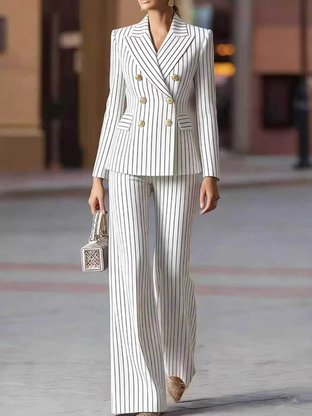 Double-Breasted Pinstripe Blazer and Pants Set