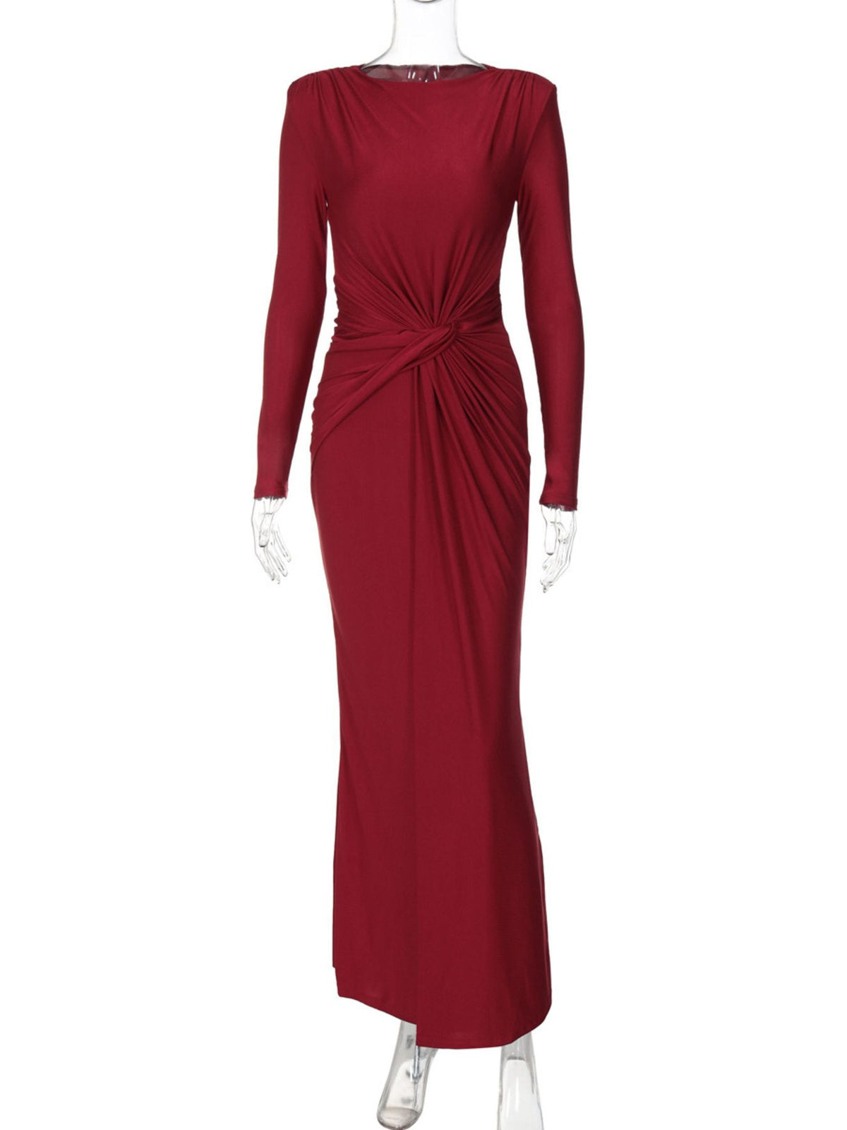 Ruched Knot-Front Long Sleeve Maxi Dress