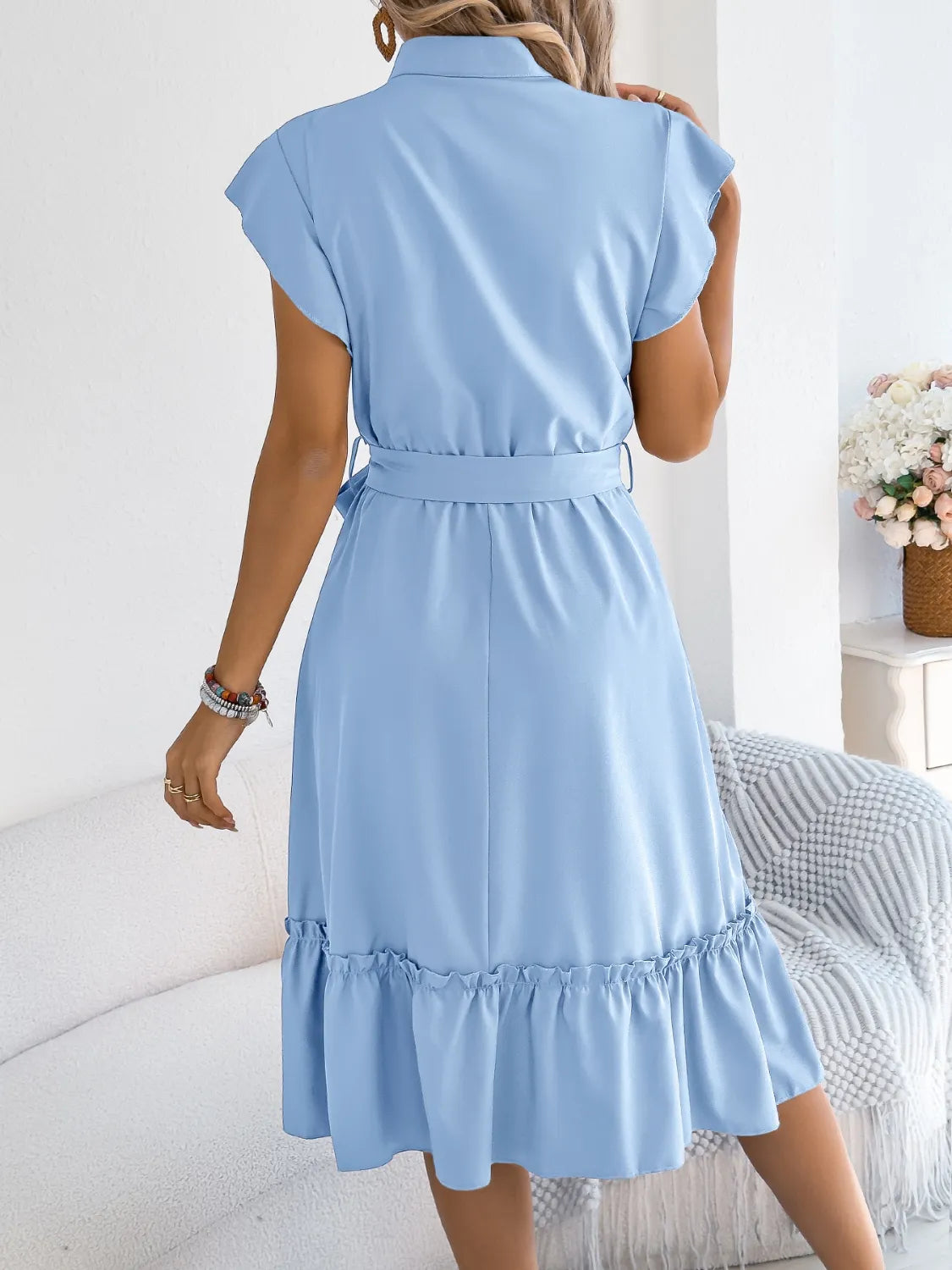 Tie-Waist Ruffled Cap Sleeve Dress