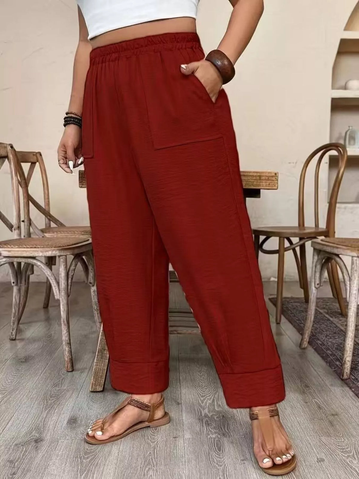 Plus Size Elastic Waist Pants with Pockets