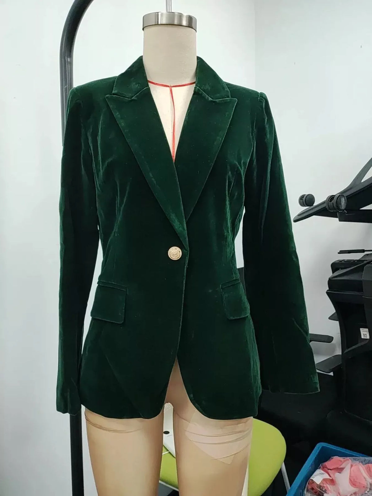 Velvet Single-Button Blazer in Dark Green