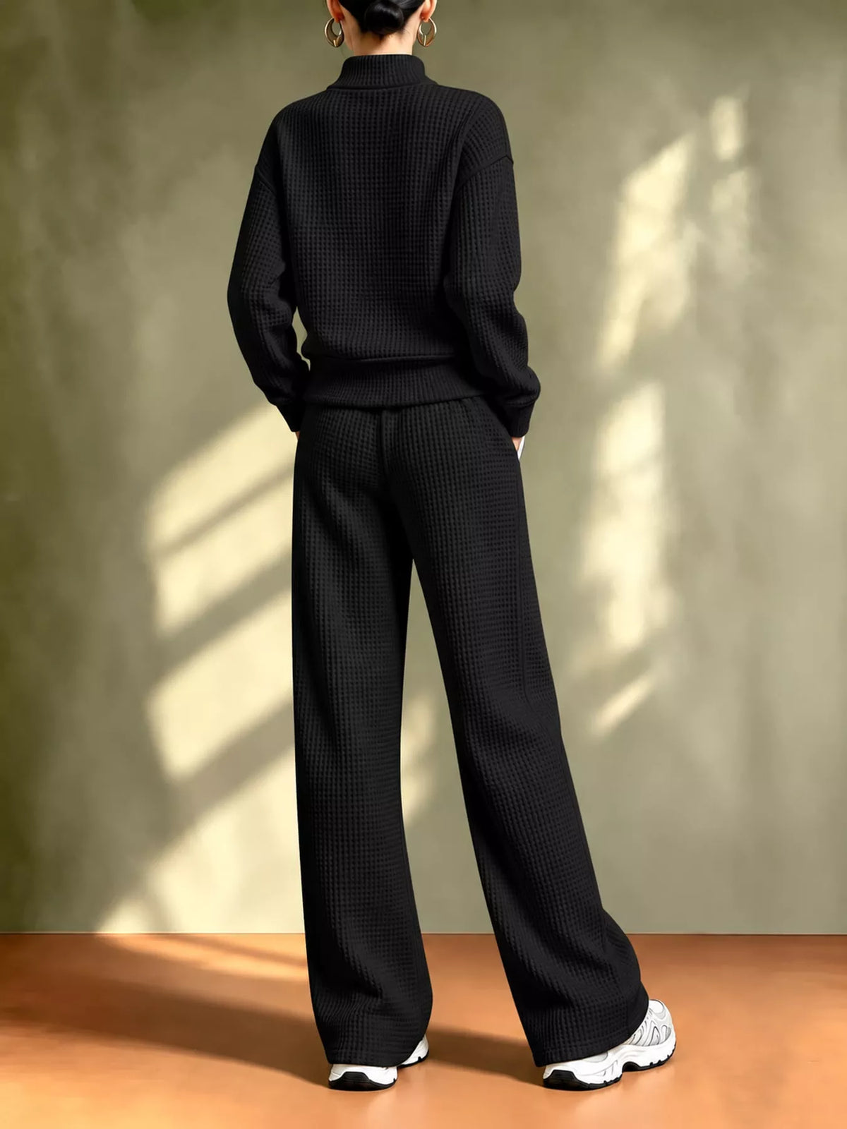 Waffle Knit Button-Up and Wide-Leg Pants Set
