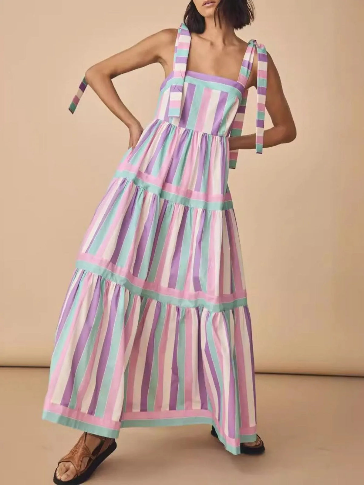 Striped Tiered Maxi Dress with Bow Ties in Pink Purple