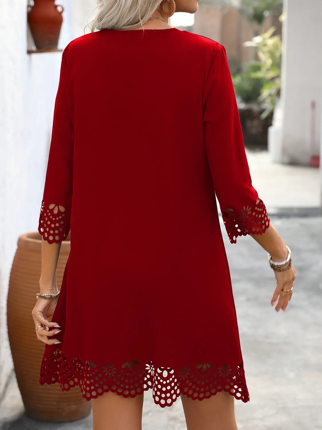 Cutout V-Neck Three-Quarter Sleeve Mini Dress