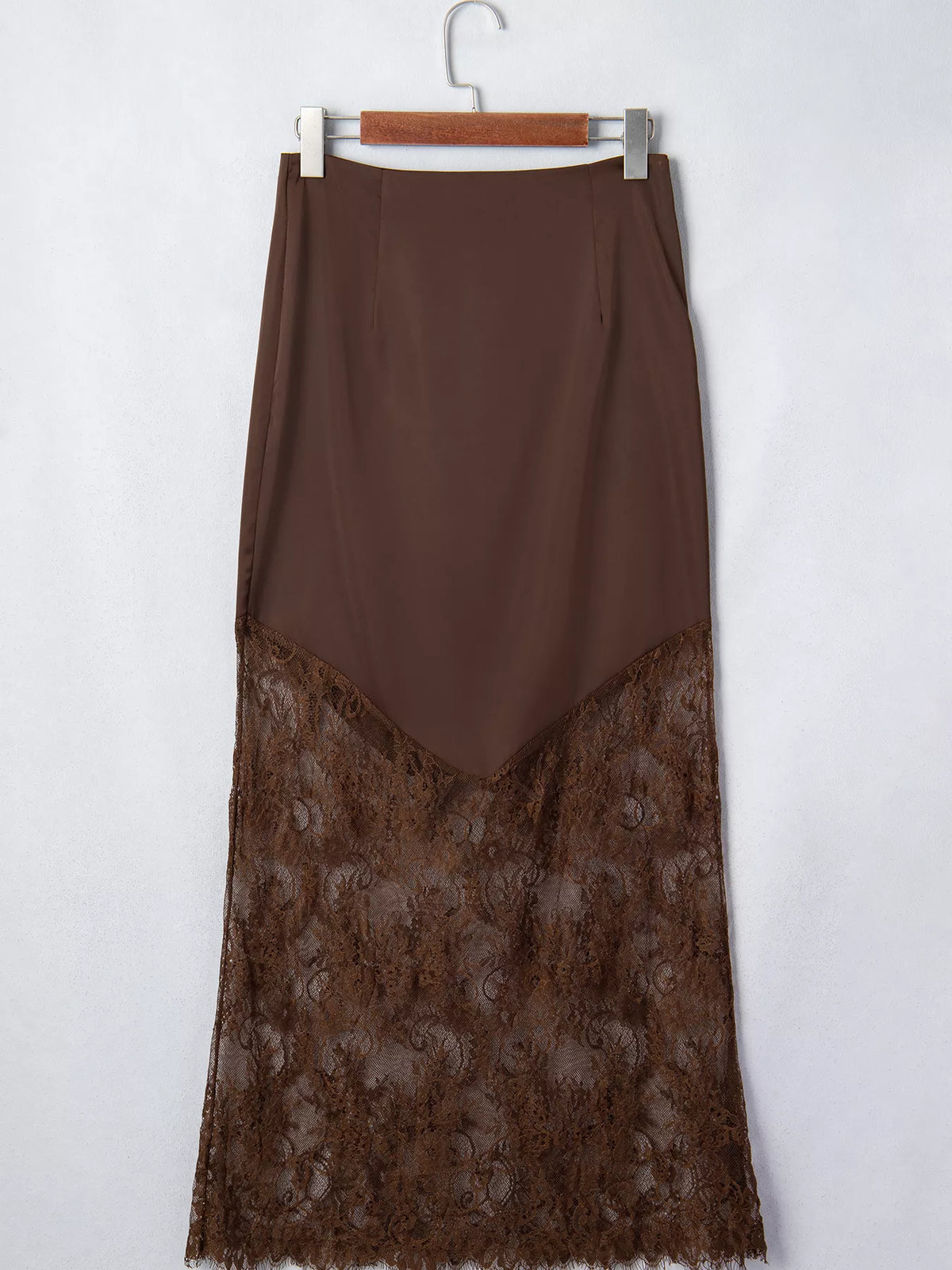Lace Patchwork Hem Shift Skirt in Dark Brown