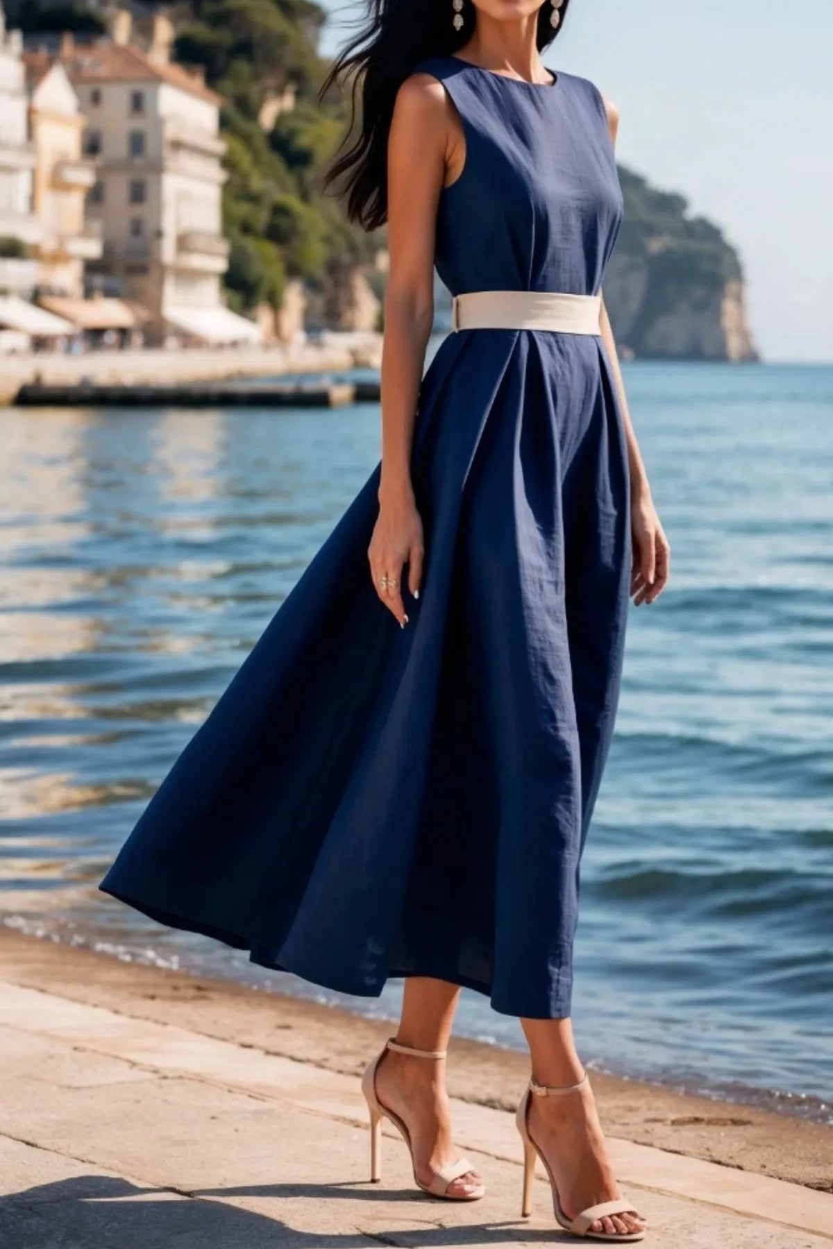 Round Neck Sleeveless Midi Dress in White